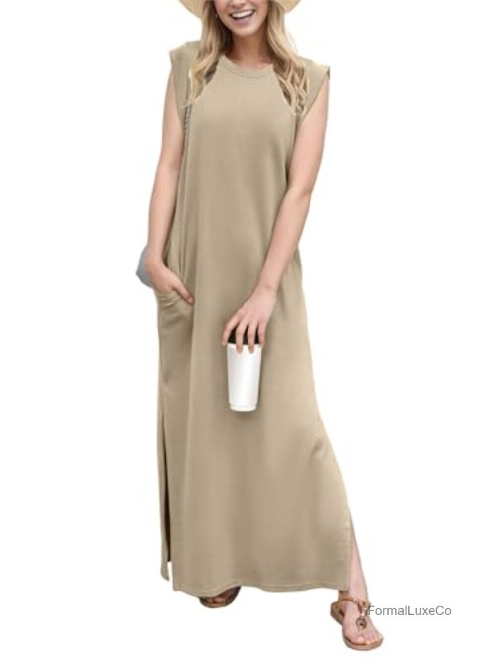 Petite Maxi Dress Wrinkle Free Loose Split A-Line Sleeveless Casual
